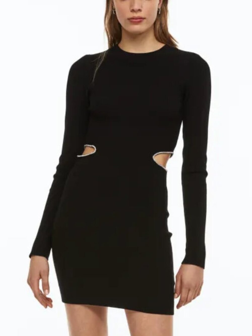 NWT H&M Rhinestone Trim Cut Out Black Rib Knit Long Sleeve Mini Bodycon Dress